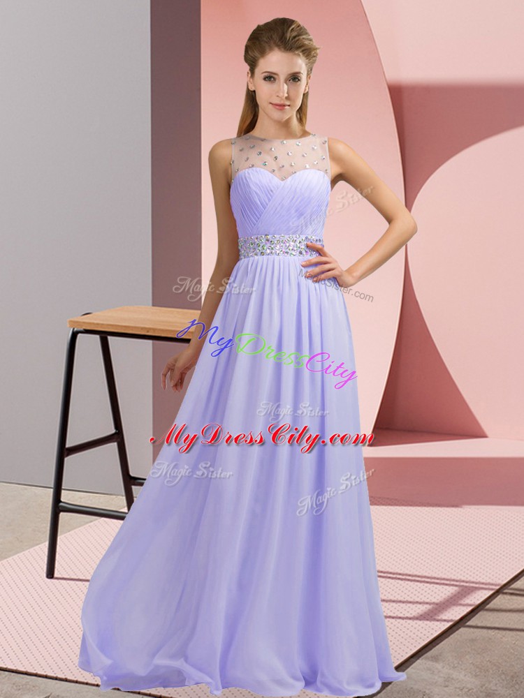 Lavender Empire Chiffon Scoop Sleeveless Beading Floor Length Backless Pageant Dress for Womens