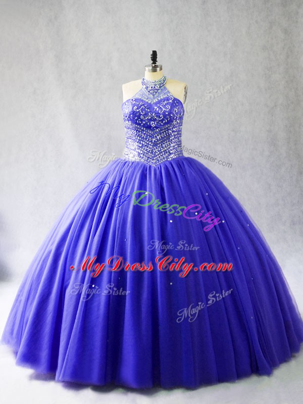 Brush Train Ball Gowns 15 Quinceanera Dress Blue Halter Top Tulle Sleeveless Lace Up