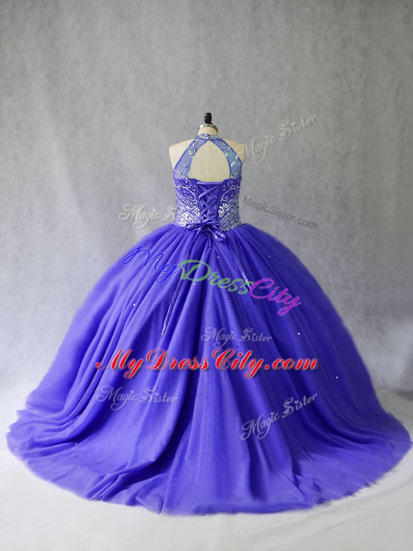 Brush Train Ball Gowns 15 Quinceanera Dress Blue Halter Top Tulle Sleeveless Lace Up