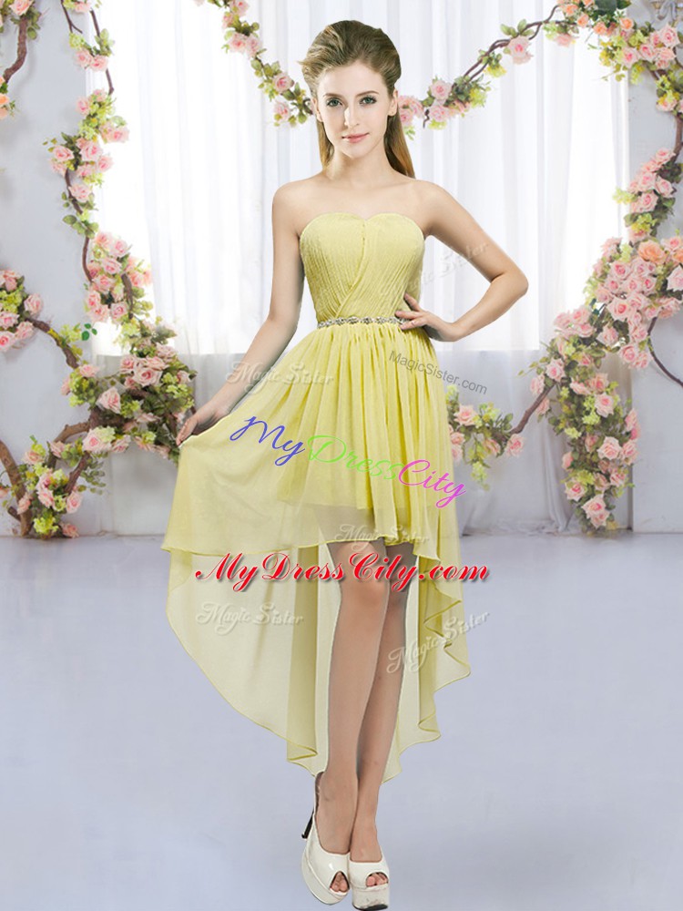 Wonderful Sleeveless High Low Beading Lace Up Bridesmaids Dress with Yellow