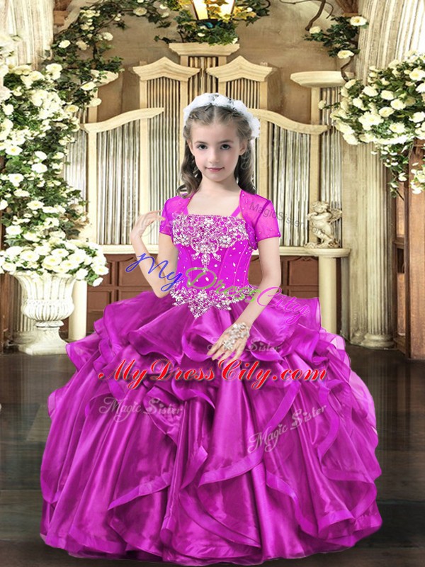 Fuchsia Organza Lace Up Pageant Dress for Teens Sleeveless Floor Length Beading and Ruffles