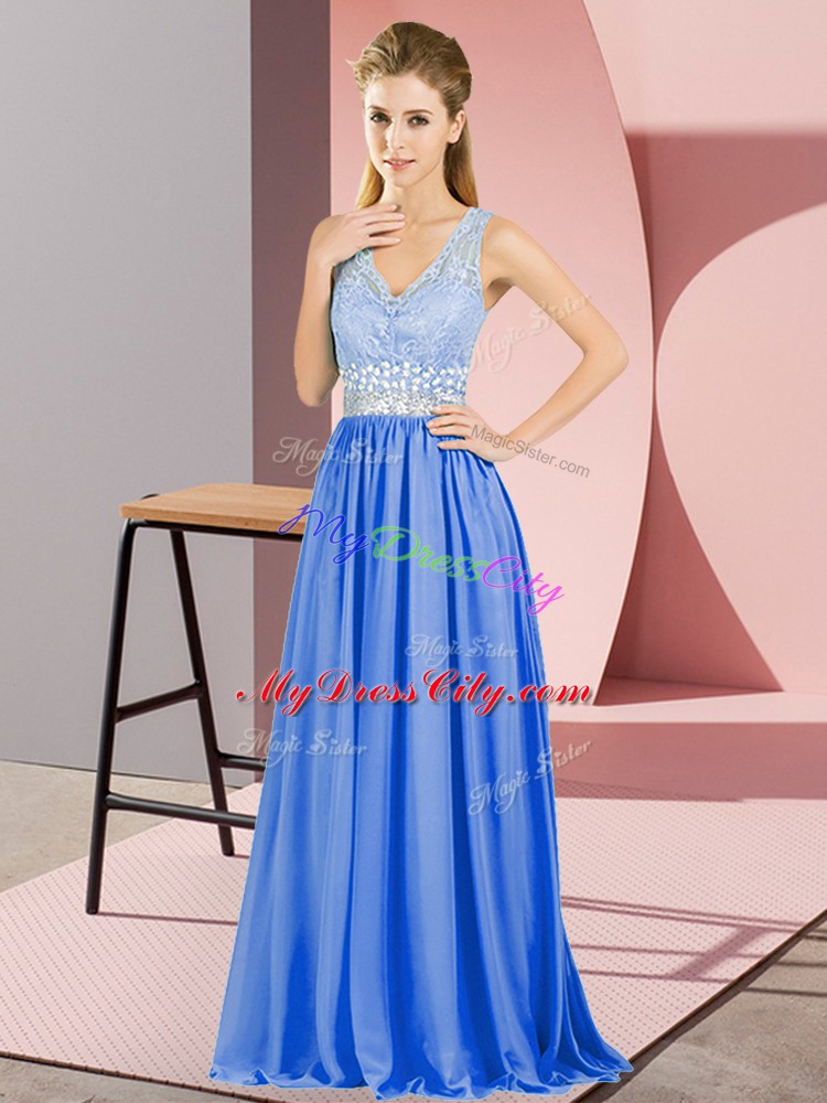 Blue Chiffon Backless Prom Dresses Sleeveless Floor Length Beading and Lace