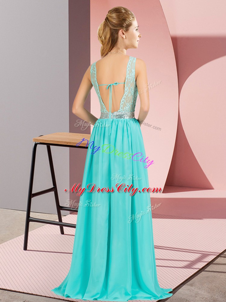 Blue Chiffon Backless Prom Dresses Sleeveless Floor Length Beading and Lace