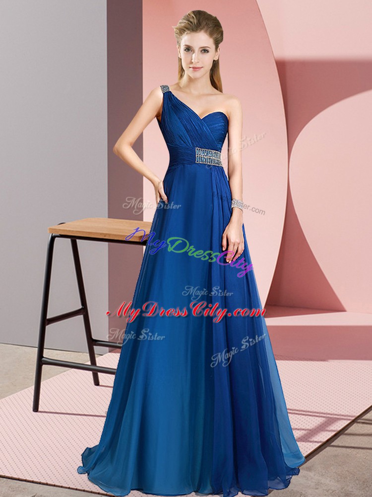 One Shoulder Sleeveless Going Out Dresses Brush Train Beading Blue Chiffon