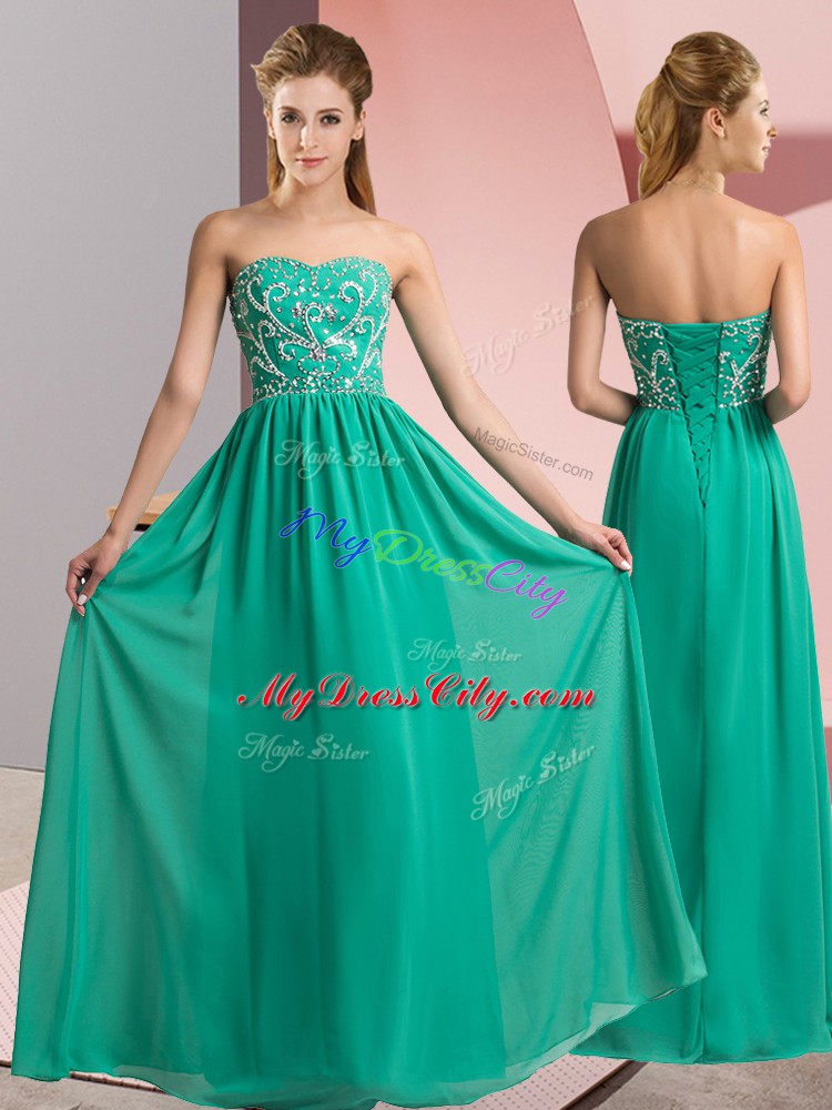 High Quality Turquoise Sleeveless Floor Length Beading Lace Up Casual Dresses