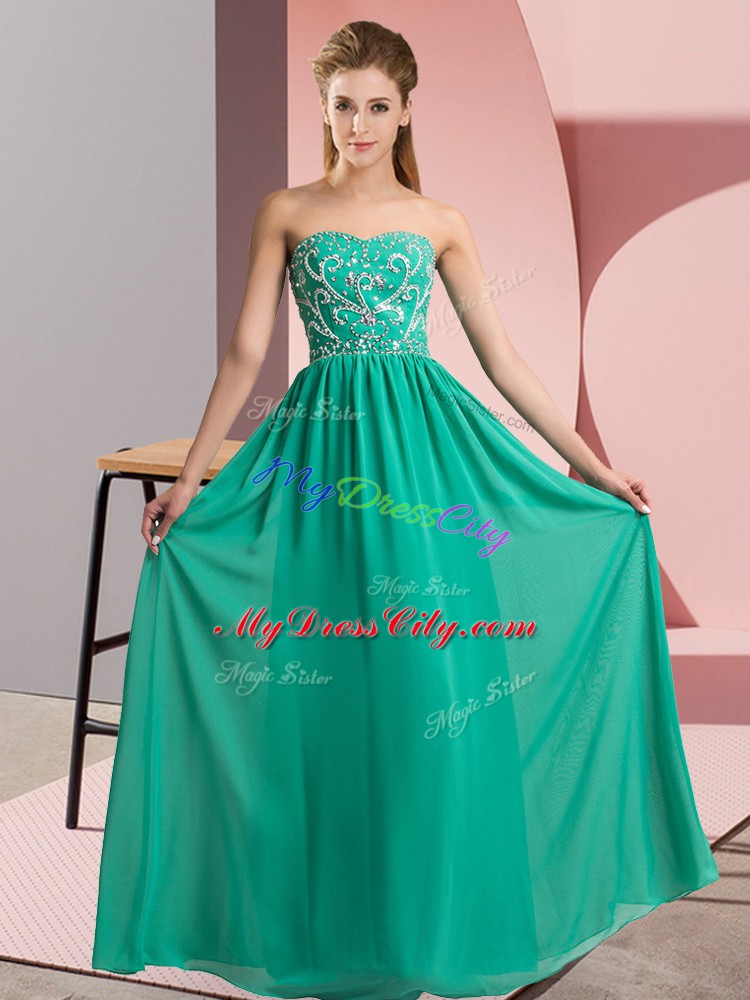 High Quality Turquoise Sleeveless Floor Length Beading Lace Up Casual Dresses