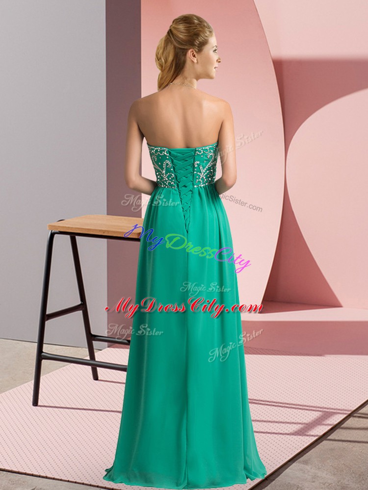 High Quality Turquoise Sleeveless Floor Length Beading Lace Up Casual Dresses