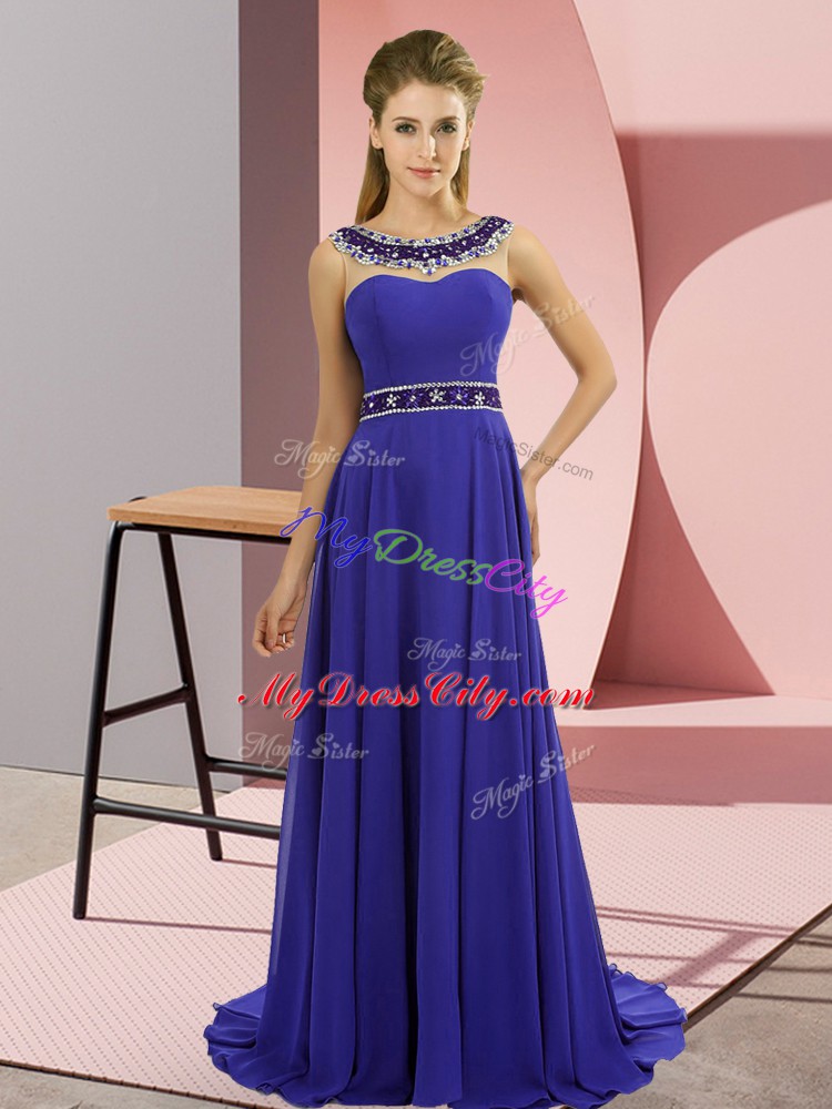 Charming Beading Evening Wear Blue Zipper Sleeveless Brush Train