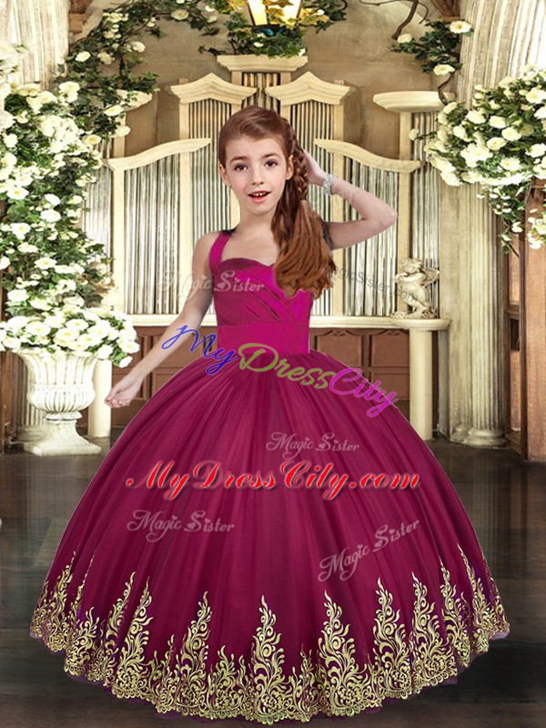 Graceful Burgundy Straps Neckline Embroidery Little Girls Pageant Gowns Sleeveless Lace Up