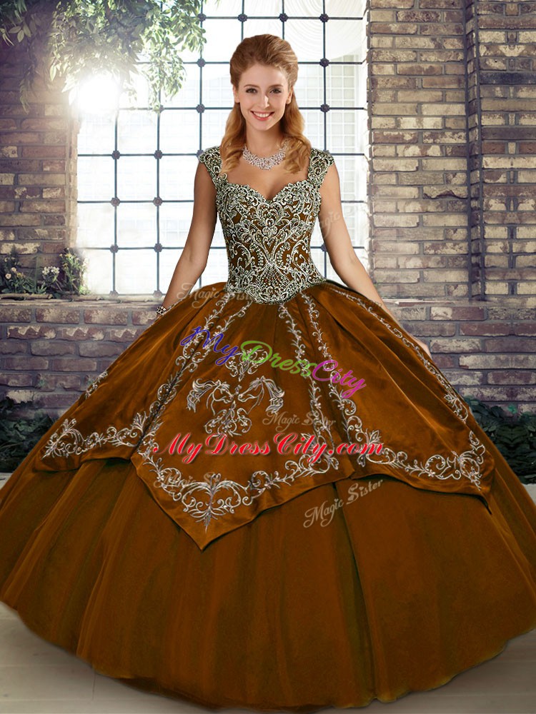 Lovely Floor Length Lace Up Sweet 16 Dress Brown for Military Ball and Sweet 16 and Quinceanera with Beading and Embroidery