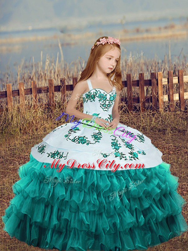 Discount Teal Lace Up Pageant Dress Embroidery and Ruffled Layers Sleeveless Floor Length