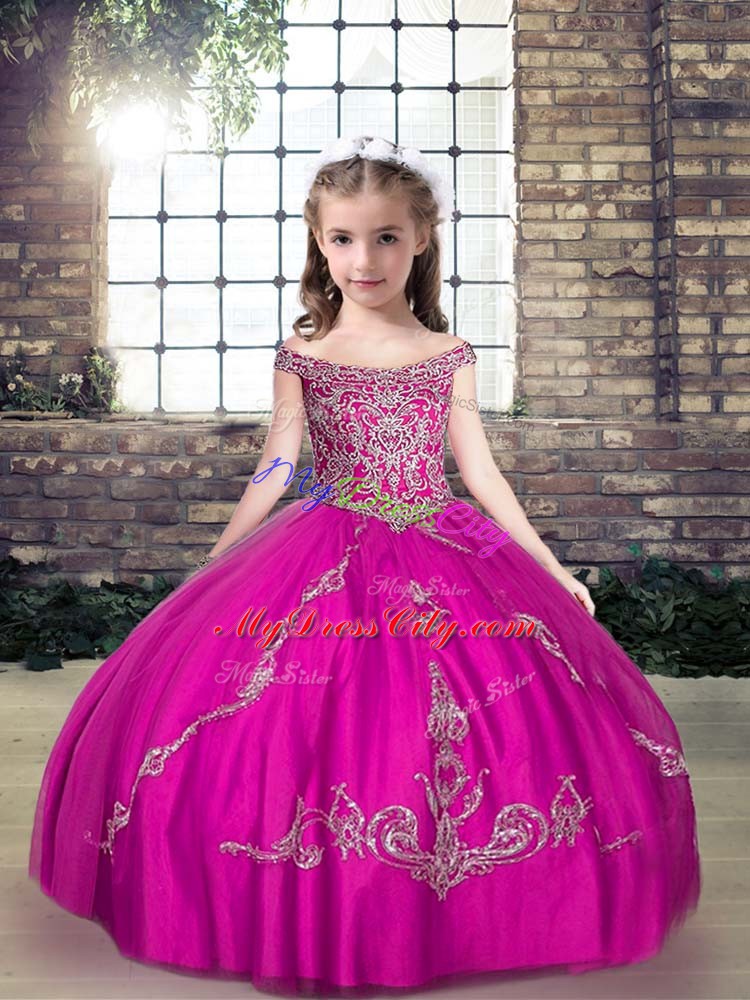 Fuchsia Lace Up Off The Shoulder Beading and Appliques Kids Formal Wear Tulle Sleeveless