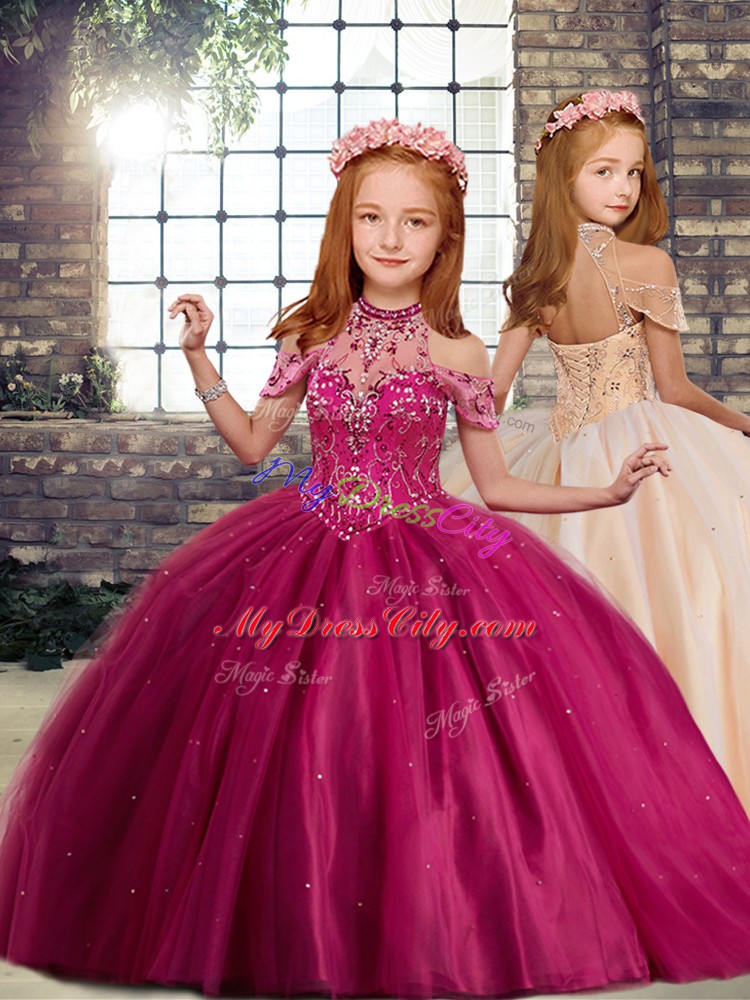 Beading Little Girl Pageant Gowns Fuchsia Lace Up Sleeveless Floor Length