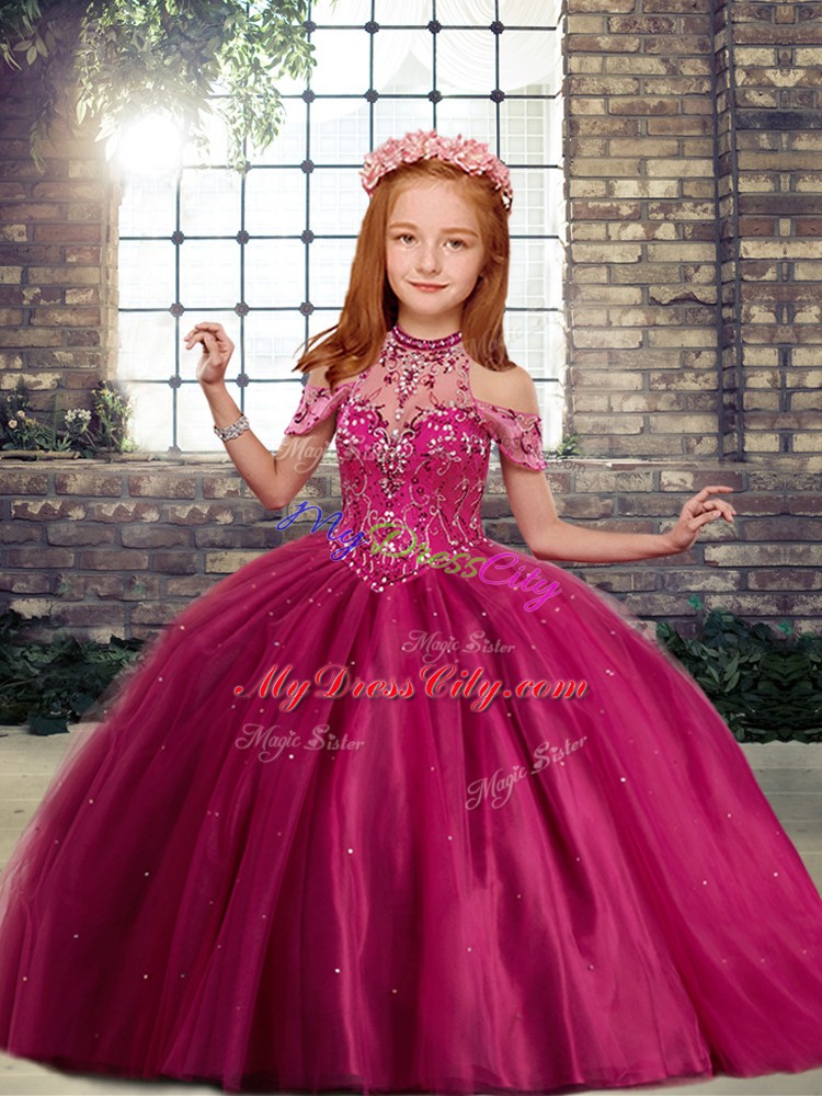 Beading Little Girl Pageant Gowns Fuchsia Lace Up Sleeveless Floor Length