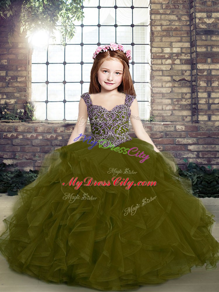 Superior Straps Sleeveless Lace Up Pageant Dress for Teens Olive Green Tulle