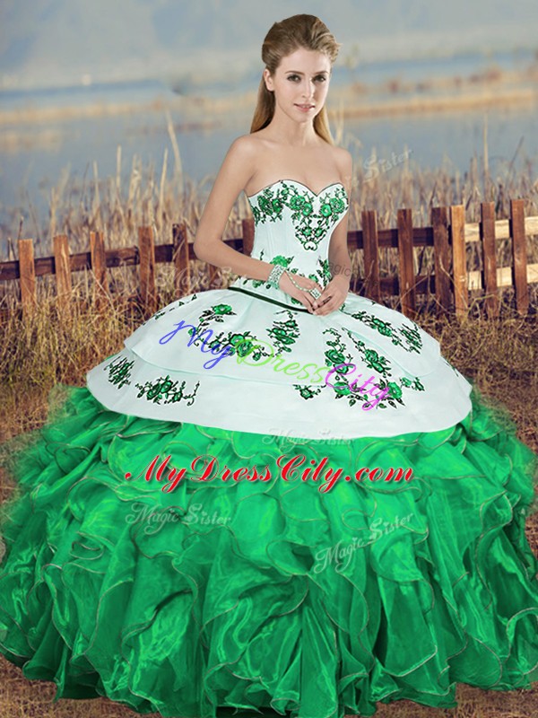 Deluxe Organza Sleeveless Floor Length Vestidos de Quinceanera and Embroidery and Ruffles and Bowknot