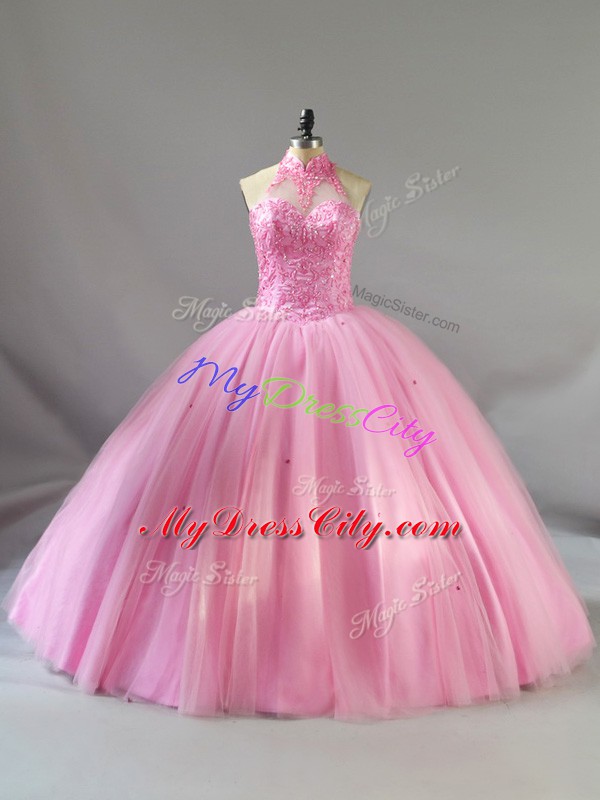 Baby Pink Lace Up Halter Top Beading Sweet 16 Dresses Tulle Sleeveless