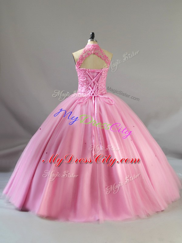 Baby Pink Lace Up Halter Top Beading Sweet 16 Dresses Tulle Sleeveless