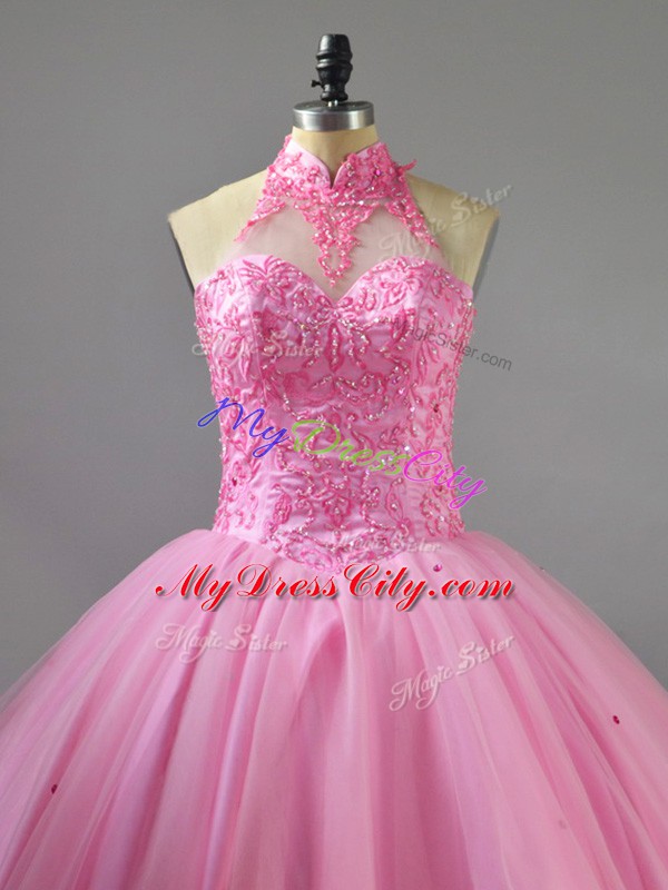 Baby Pink Lace Up Halter Top Beading Sweet 16 Dresses Tulle Sleeveless