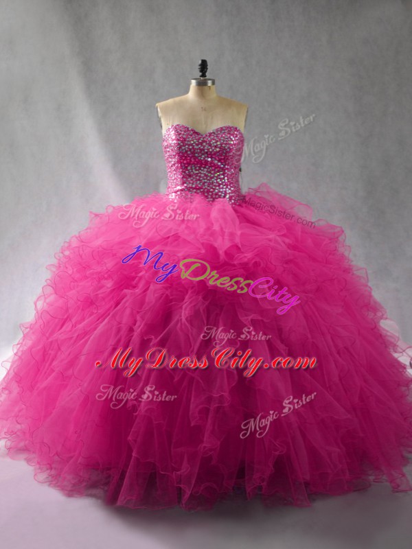 Halter Top Sleeveless Lace Up Ball Gown Prom Dress Fuchsia Tulle