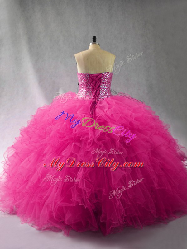 Halter Top Sleeveless Lace Up Ball Gown Prom Dress Fuchsia Tulle