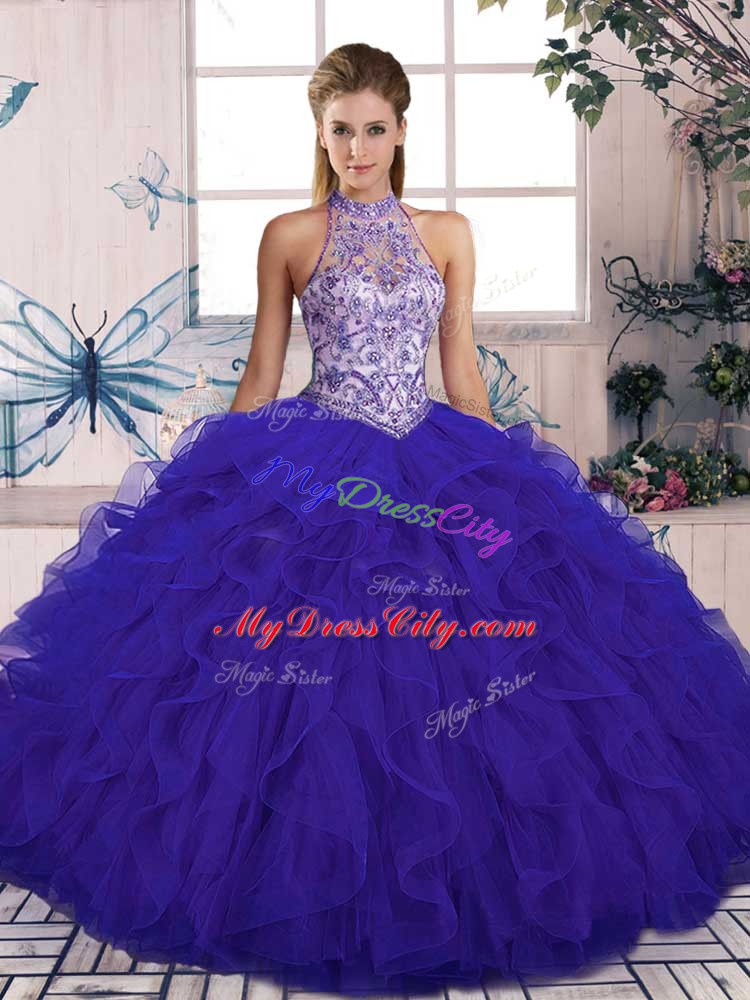 Beautiful Purple Tulle Lace Up Ball Gown Prom Dress Sleeveless Floor Length Beading and Ruffles