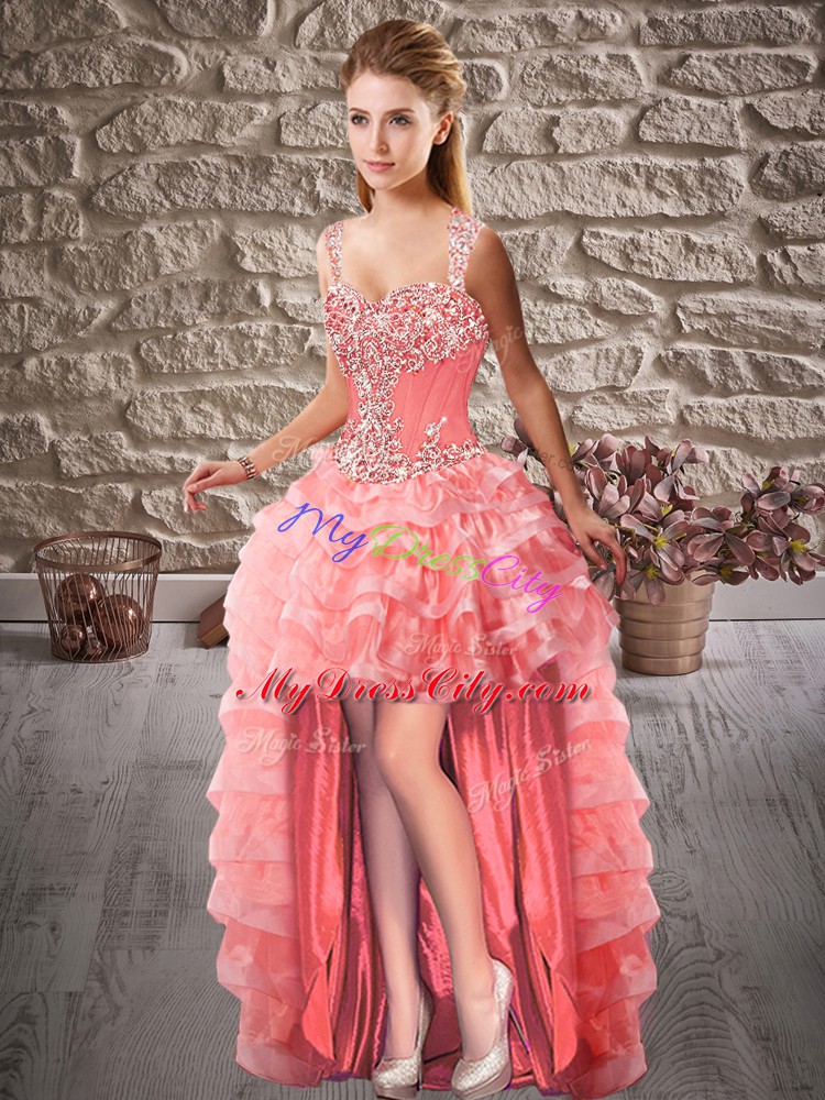 Low Price Watermelon Red Lace Up Straps Beading and Ruffled Layers Prom Gown Organza Sleeveless