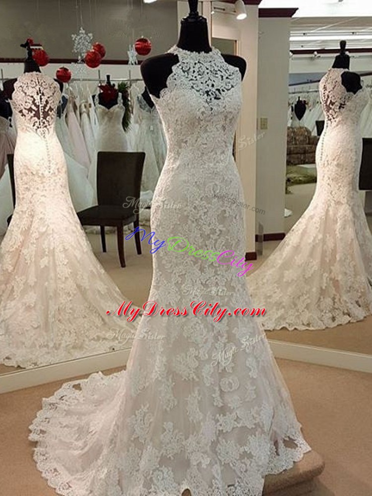 Lace High-neck Sleeveless Brush Train Clasp Handle Lace Wedding Gowns in White