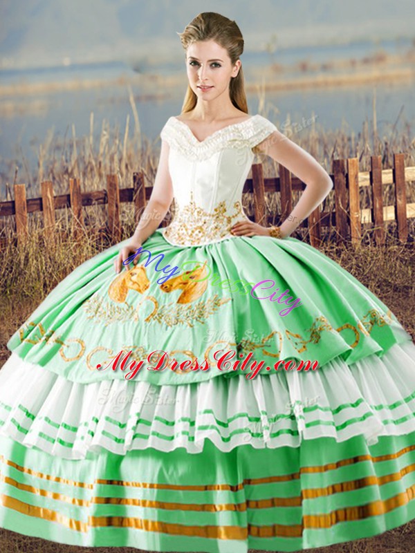 Colorful Floor Length Lace Up Sweet 16 Dress Apple Green for Sweet 16 and Quinceanera with Embroidery and Ruffled Layers