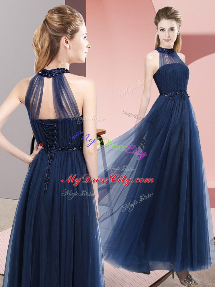 Nice Sleeveless Lace Up Floor Length Beading and Appliques Bridesmaid Dress