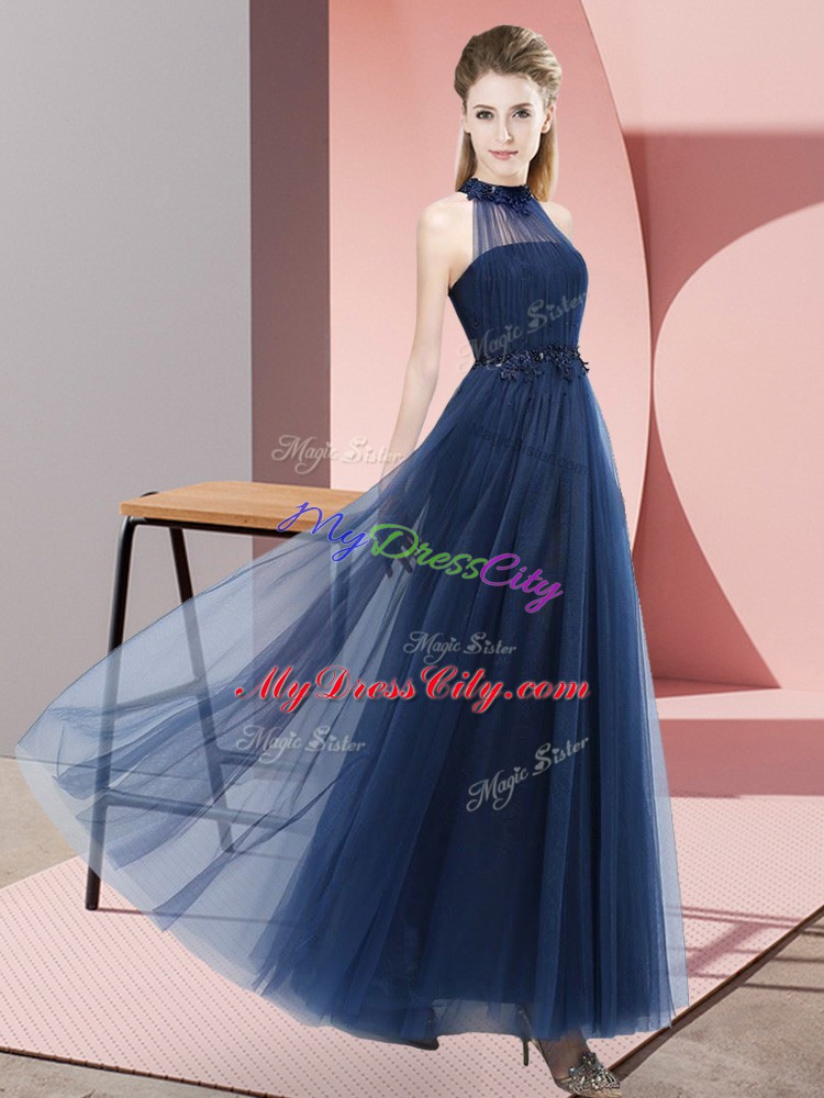 Nice Sleeveless Lace Up Floor Length Beading and Appliques Bridesmaid Dress