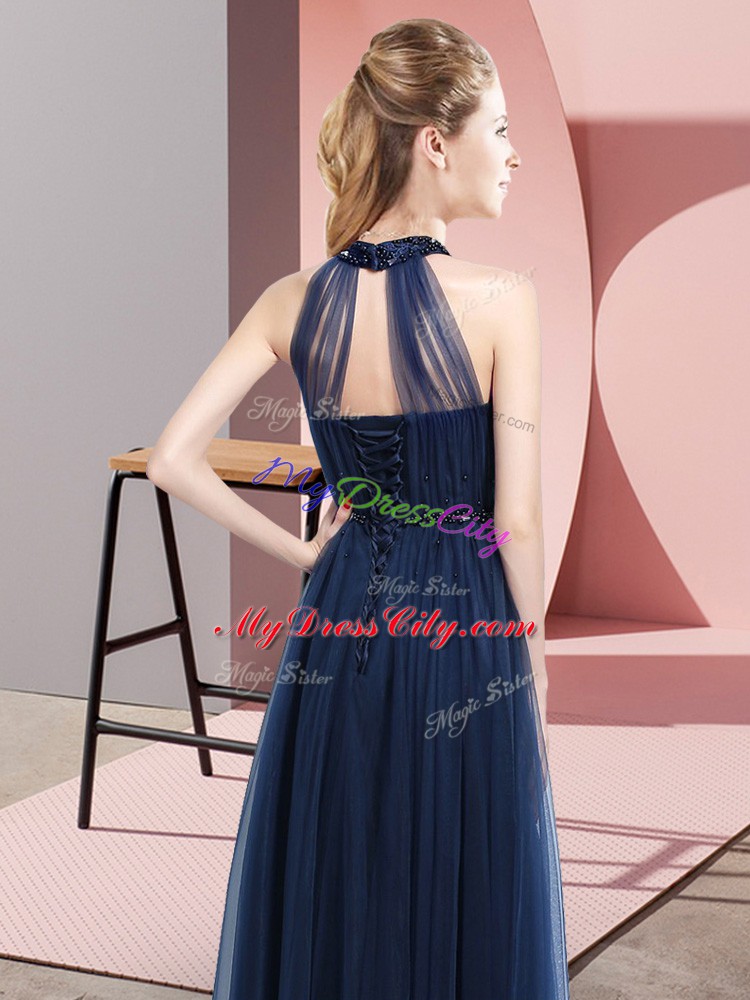 Nice Sleeveless Lace Up Floor Length Beading and Appliques Bridesmaid Dress