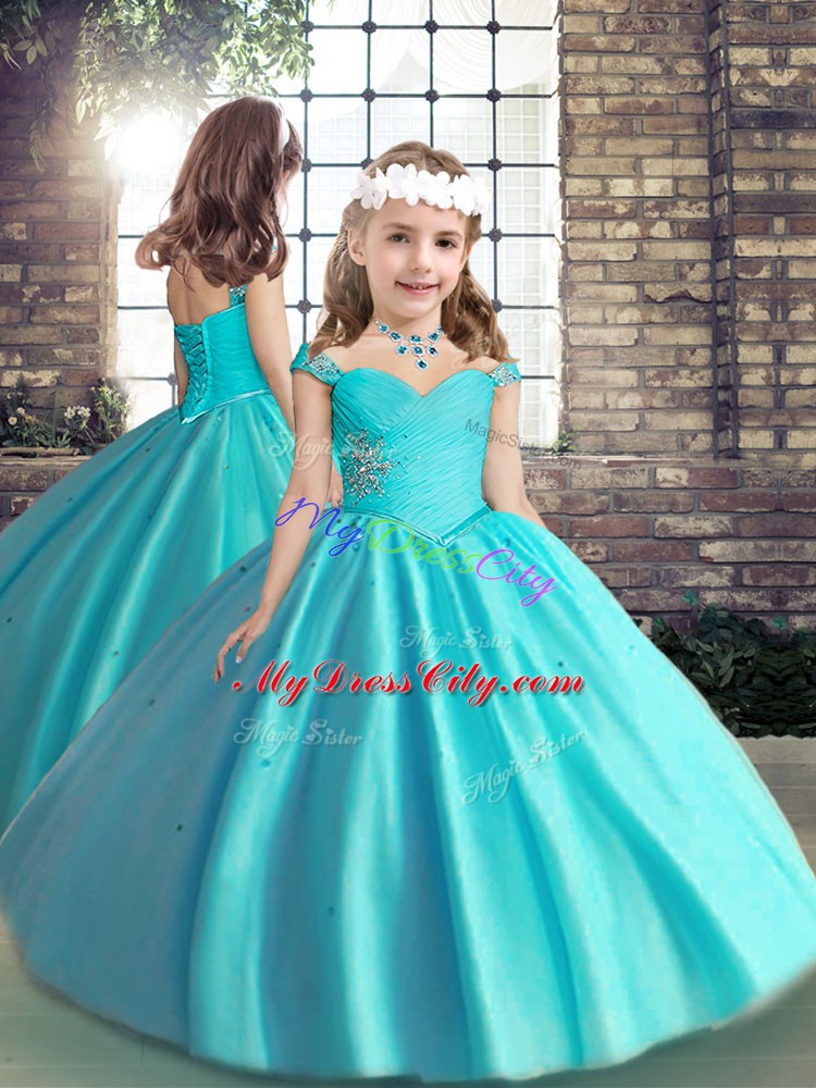 Straps Sleeveless Tulle Girls Pageant Dresses Beading and Ruching Lace Up