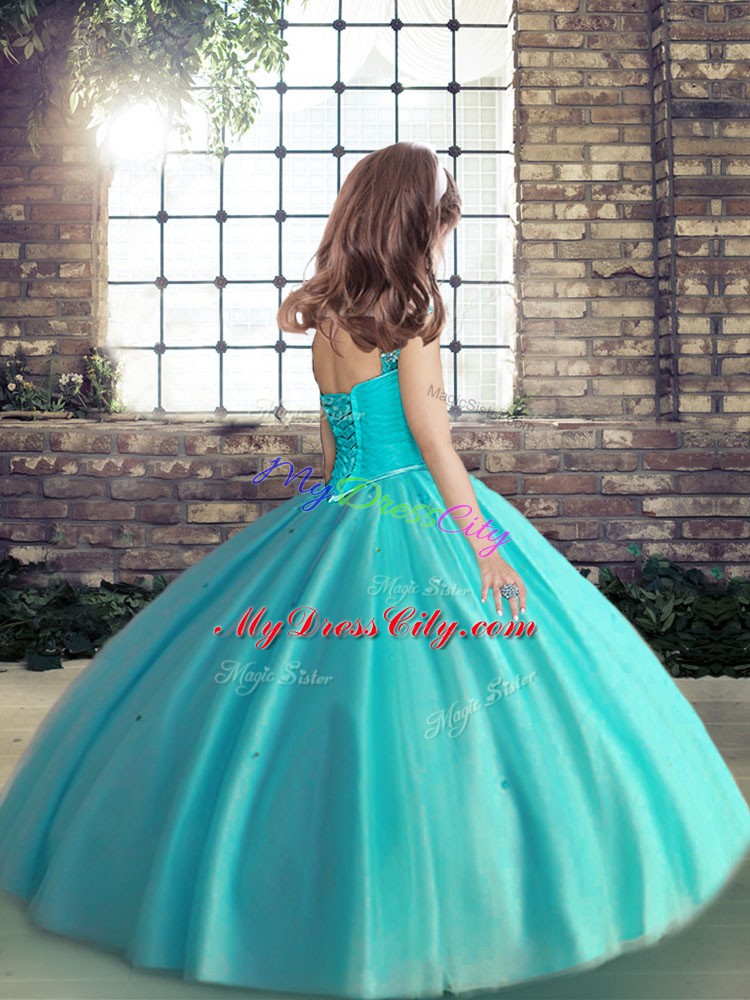 Straps Sleeveless Tulle Girls Pageant Dresses Beading and Ruching Lace Up