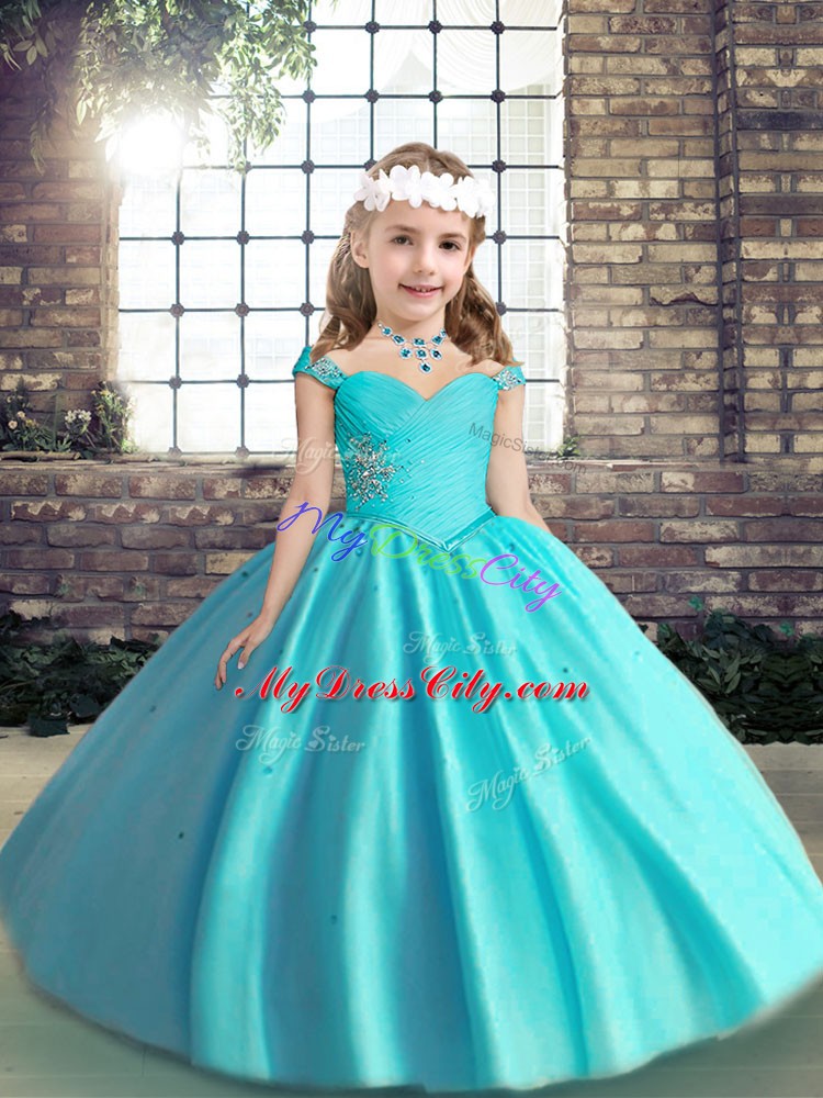 Straps Sleeveless Tulle Girls Pageant Dresses Beading and Ruching Lace Up