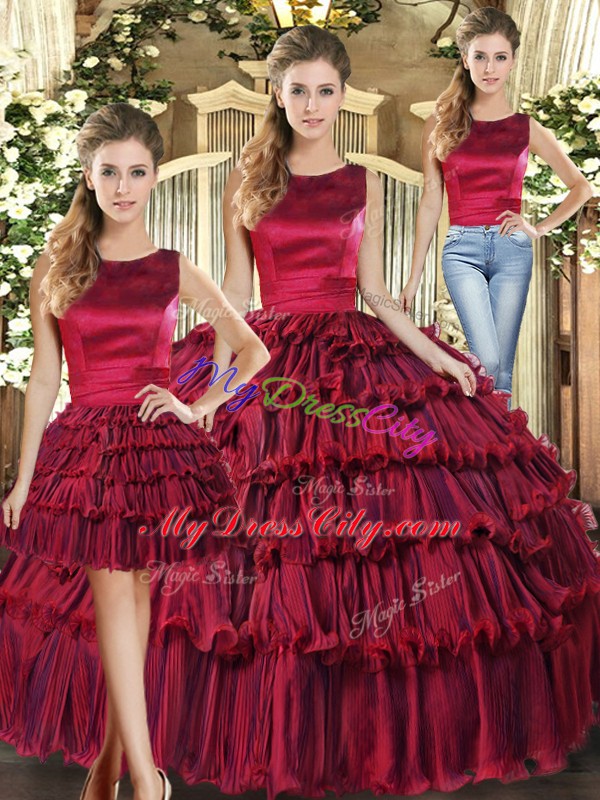 Charming Wine Red Organza Lace Up Quinceanera Dress Sleeveless Floor Length Ruffled Layers