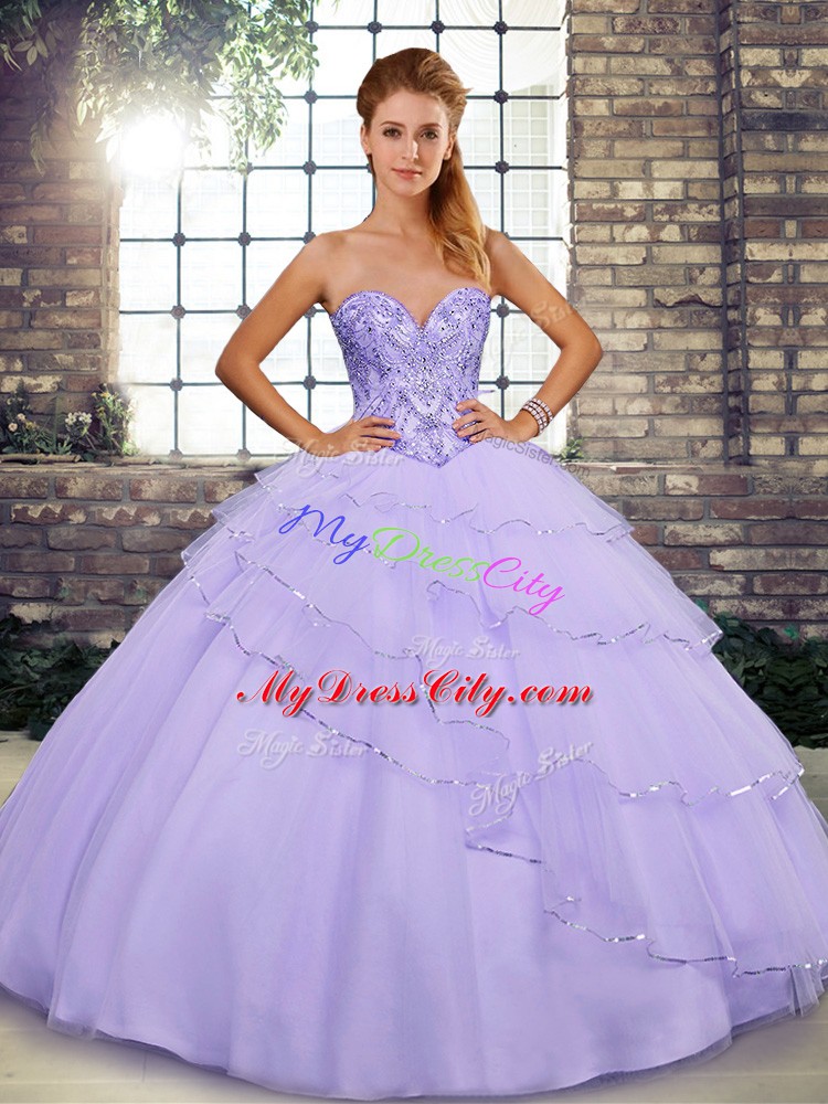 Lavender Lace Up Quinceanera Dress Beading and Ruffled Layers Sleeveless Brush Train