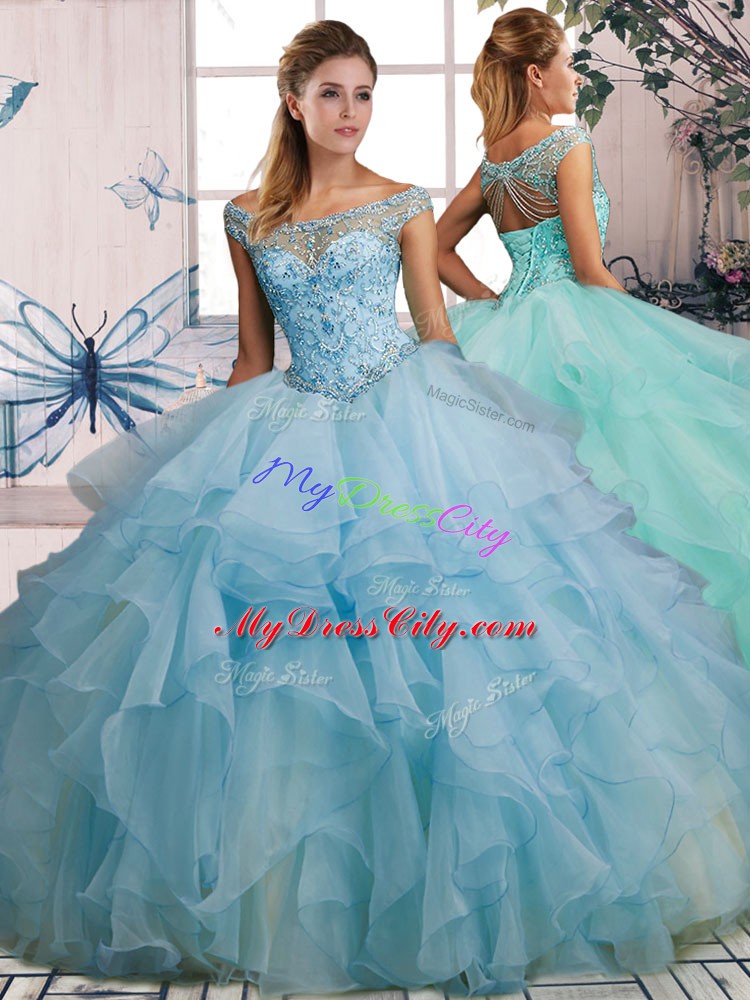 Elegant Light Blue Quinceanera Dress Military Ball and Sweet 16 and Quinceanera with Beading and Ruffles Off The Shoulder Sleeveless Lace Up