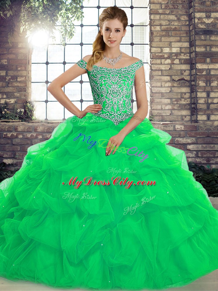 Off The Shoulder Sleeveless Quinceanera Gown Brush Train Beading and Pick Ups Green Tulle