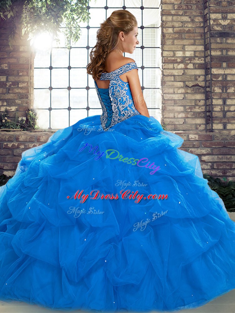 Off The Shoulder Sleeveless Quinceanera Gown Brush Train Beading and Pick Ups Green Tulle