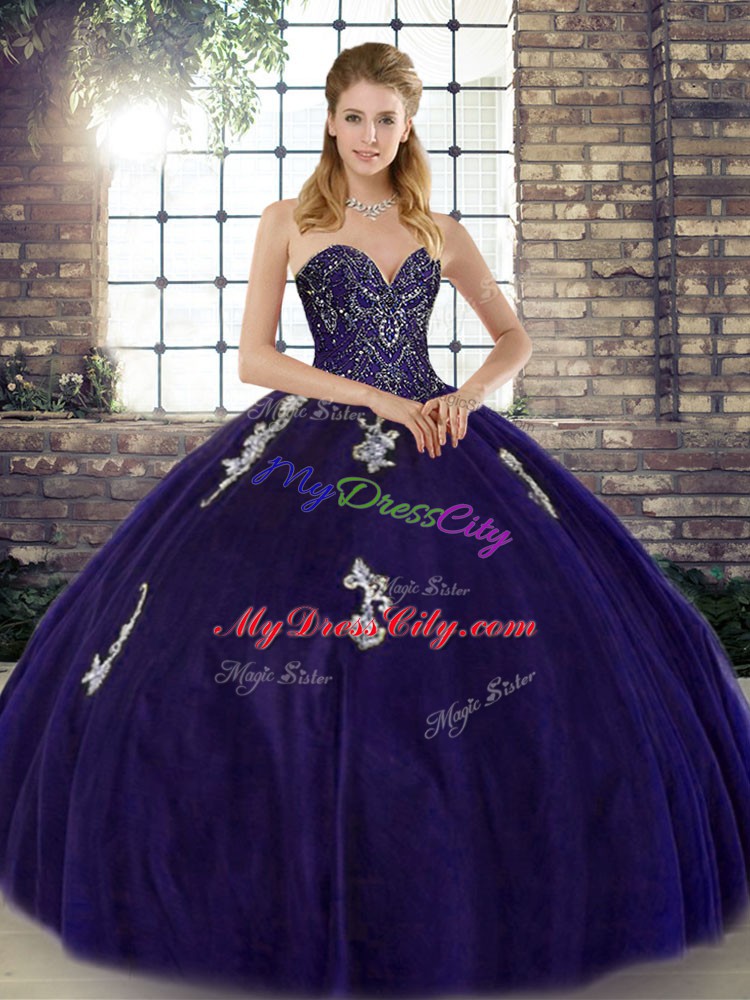 Dramatic Sleeveless Floor Length Beading and Appliques Lace Up 15 Quinceanera Dress with Purple