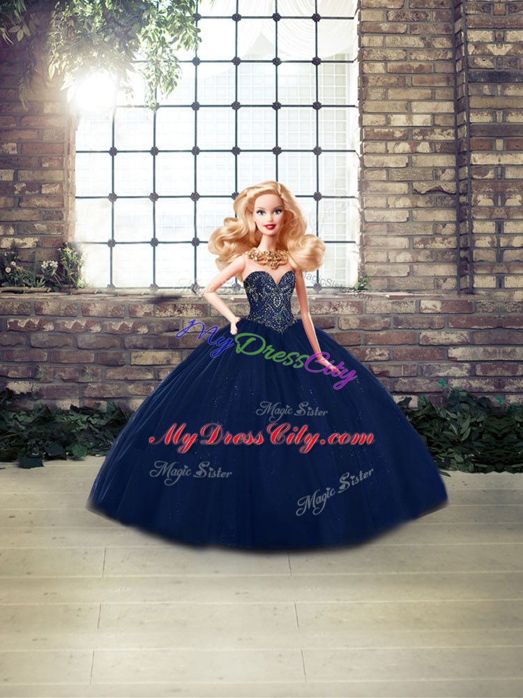 Navy Blue Sweetheart Lace Up Beading Ball Gown Prom Dress Sleeveless