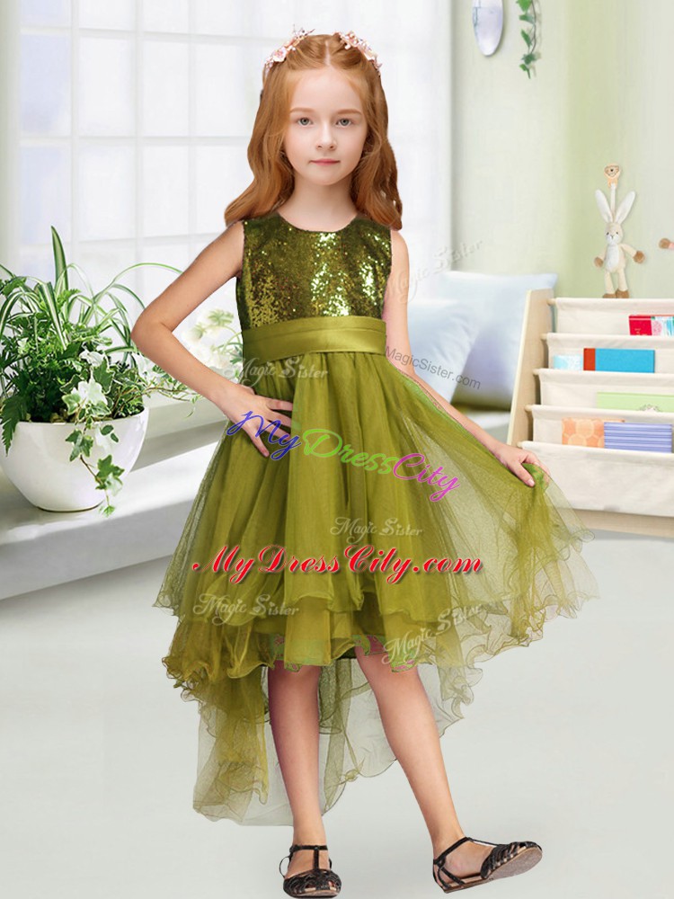 Inexpensive Organza Scoop Sleeveless Zipper Sequins and Bowknot Toddler Flower Girl Dress in Olive Green