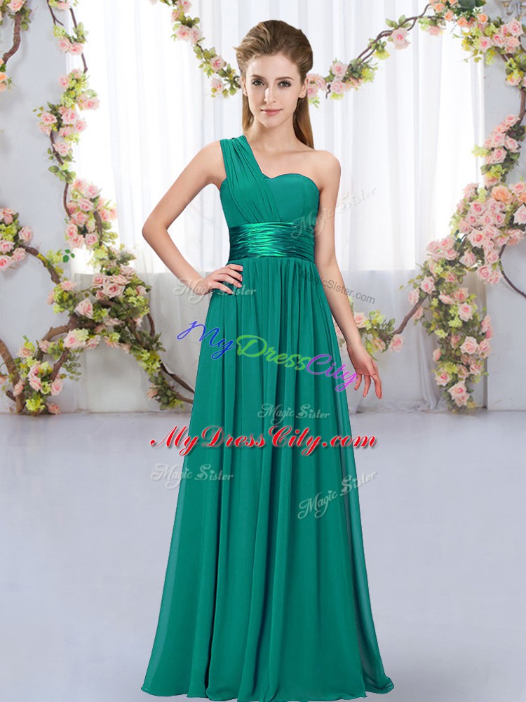 Elegant Peacock Green Empire Chiffon One Shoulder Sleeveless Belt Floor Length Lace Up Bridesmaid Dress