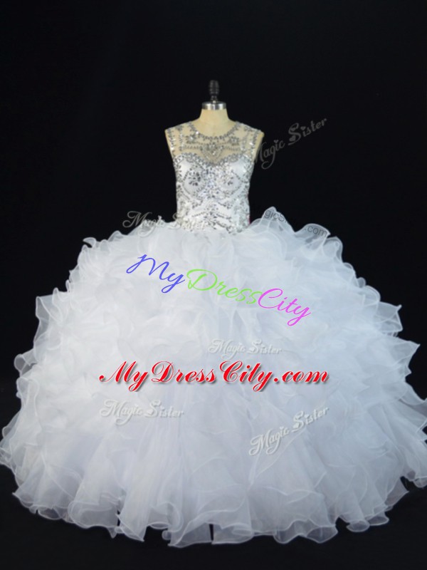 Exceptional White Lace Up 15 Quinceanera Dress Beading and Ruffles Sleeveless Floor Length