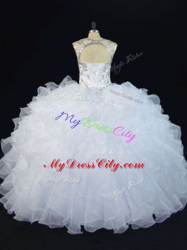 Exceptional White Lace Up 15 Quinceanera Dress Beading and Ruffles Sleeveless Floor Length