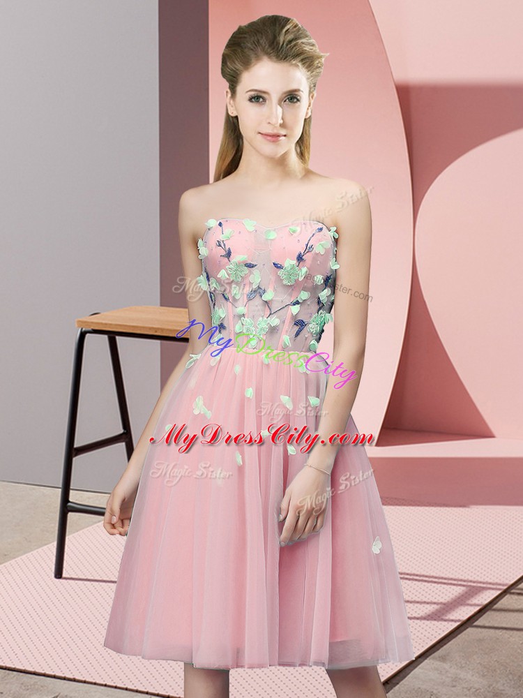 Superior Appliques Bridesmaid Dresses Pink Lace Up Sleeveless Knee Length