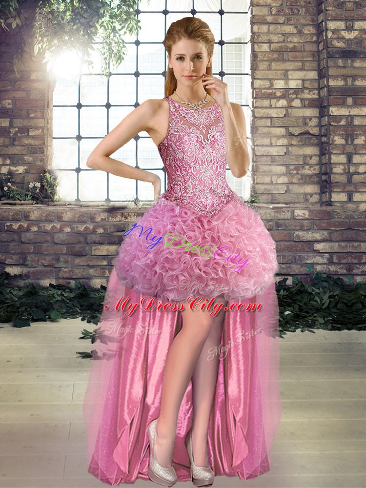 Scoop Sleeveless Prom Dresses High Low Beading Rose Pink Fabric With Rolling Flowers