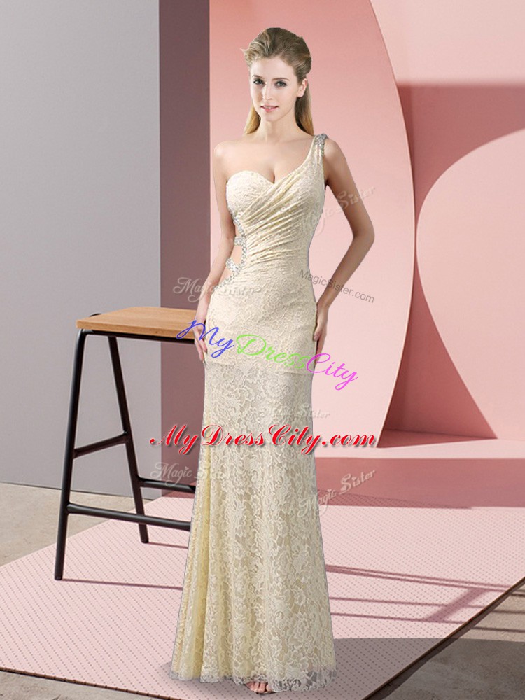 Champagne Criss Cross Evening Dress Beading and Lace Sleeveless Floor Length