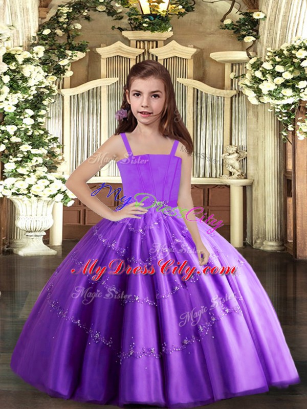 High Class Purple Neckline Beading Pageant Dress Toddler Sleeveless Lace Up